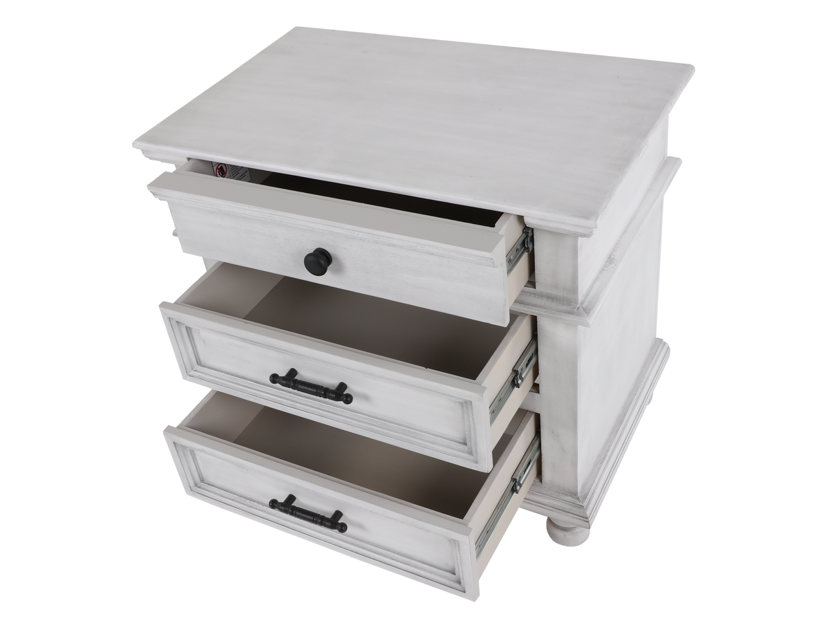 Distressed White Farmhouse Nightstand with 3 Drawers & Black Hardware