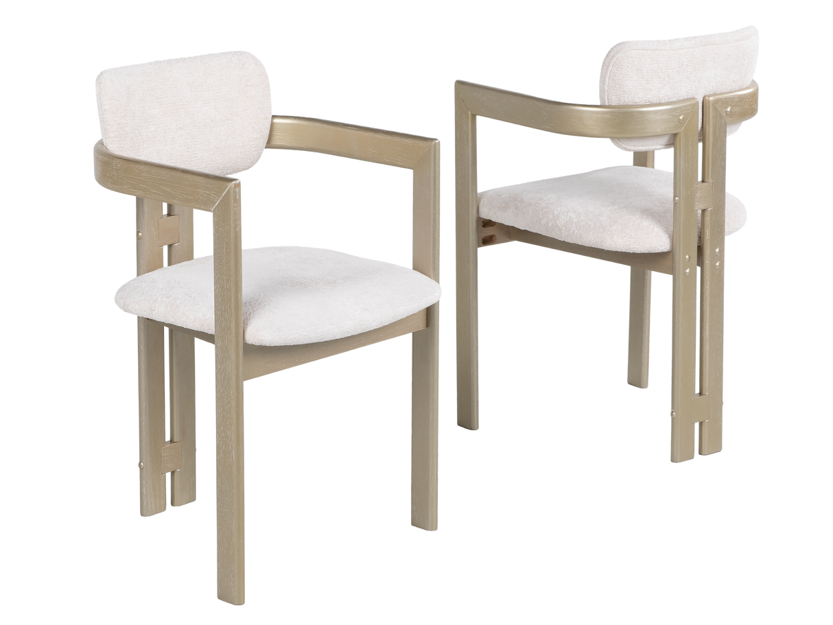 Gold & Natural Modern Sculptural Pedestal Dining Room Set with Upholstered Chairs
