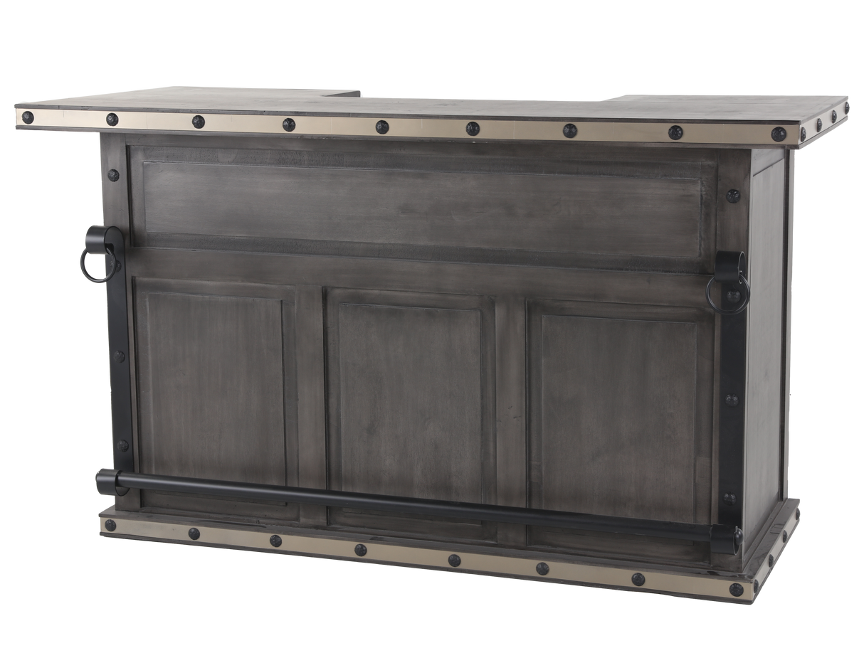 Rustic Gray Bar Table with Wine Rack & Open Shelving