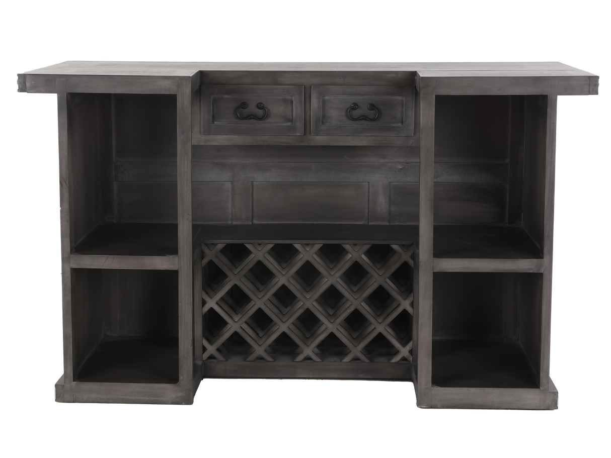 Rustic Gray Bar Table with Wine Rack & Open Shelving