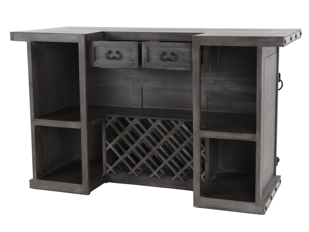 Rustic Gray Bar Table with Wine Rack & Open Shelving