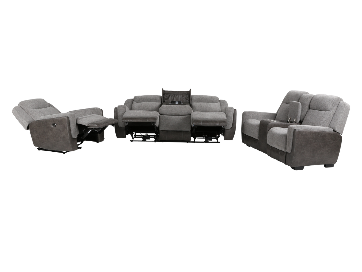 Gray Power Reclining 3-Piece Living Room Set with USB Charging – Sofa, Loveseat & Recliner