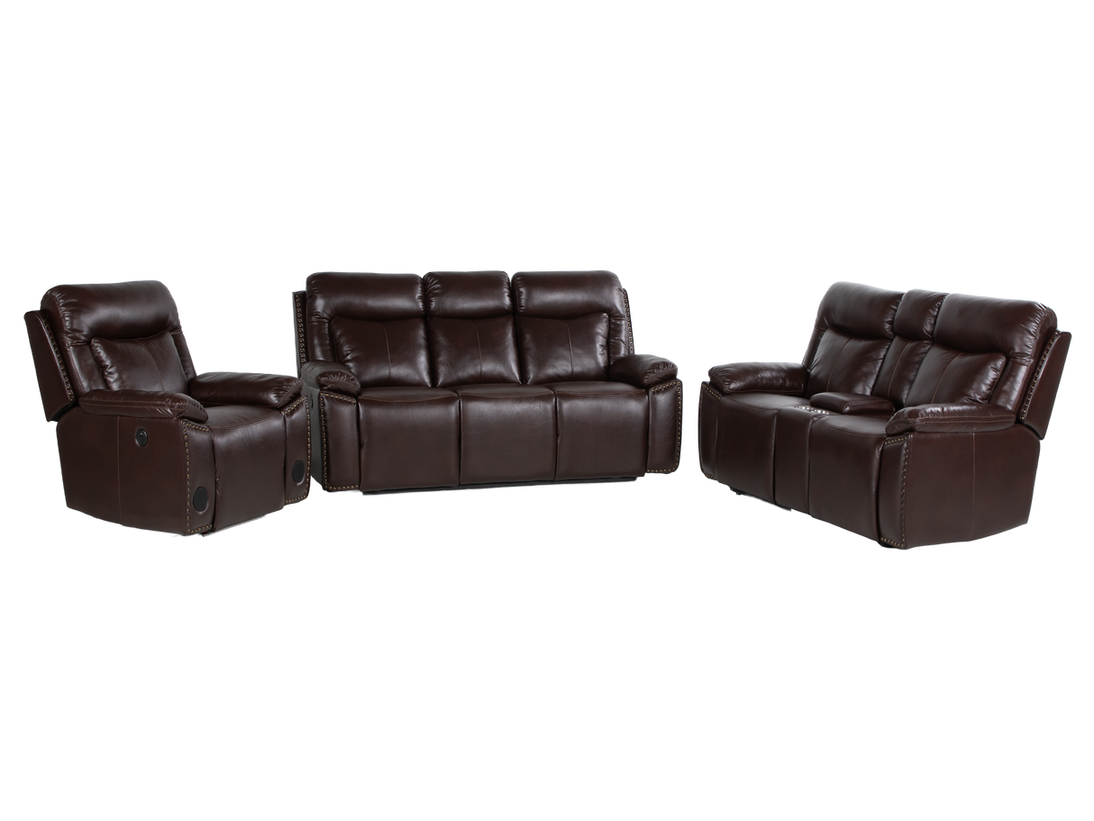 3-Piece Brown Power Reclining Living Room Set with Console Loveseat, USB & Bluetooth Speaker