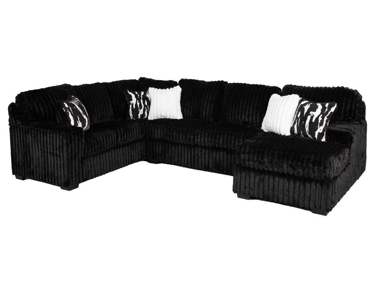Contemporary Black Corduroy L-Shaped Sectional Sofa with Oversized Chaise, Deep Seating & Ribbed Plush Design