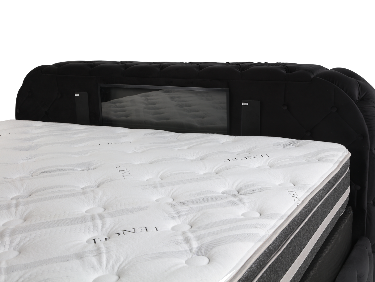 Velvet Tufted Bedroom Set with Built-in Fireplace, TV Stand, and Bluetooth Speakers by Mollai Collections | Bel Furniture