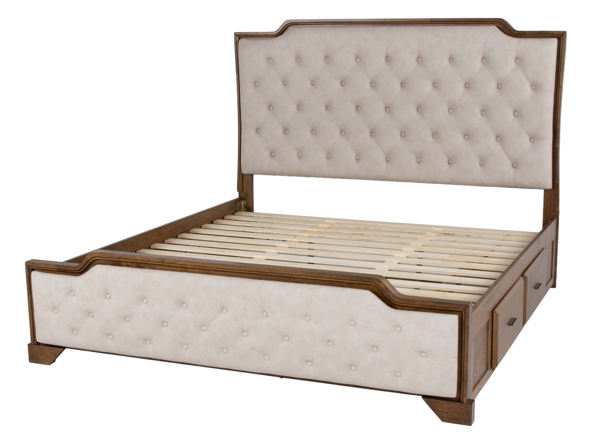 6-Piece Bedroom Set with LED Lighting, Button-Tufted Upholstered Storage Bed, Dresser, Mirror & Nightstand — Light Oak Finish