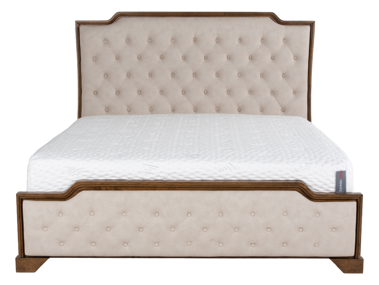 6-Piece Bedroom Set with LED Lighting, Button-Tufted Upholstered Storage Bed, Dresser, Mirror & Nightstand — Light Oak Finish