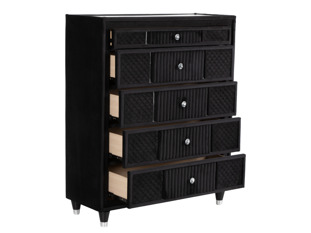 Velvet Black 5-Drawer Chest with Corduroy Accents, Dovetail Drawers & Ball-Bearing Glides
