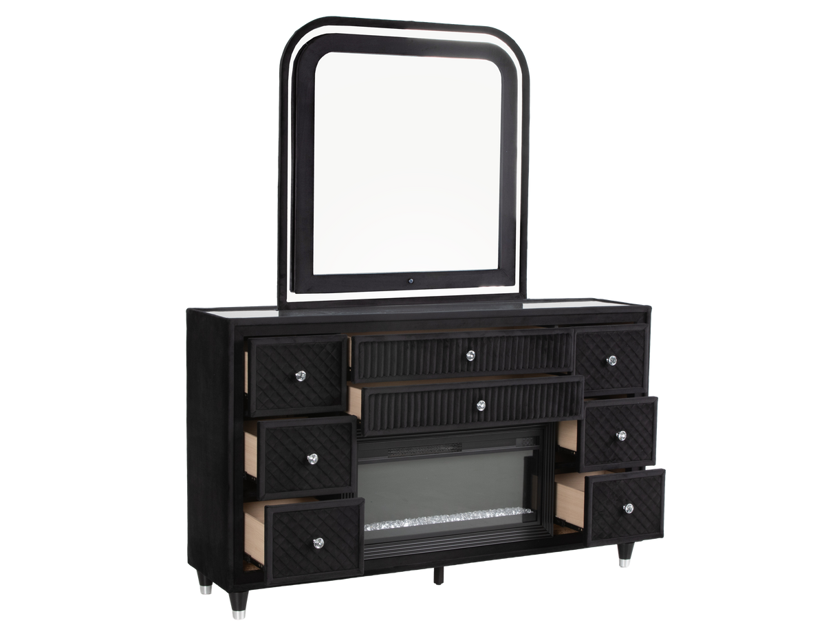 Velvet Black Glam 6-Piece Bedroom Set with LED Bed, Fireplace Dresser, Mirror & Nightstand