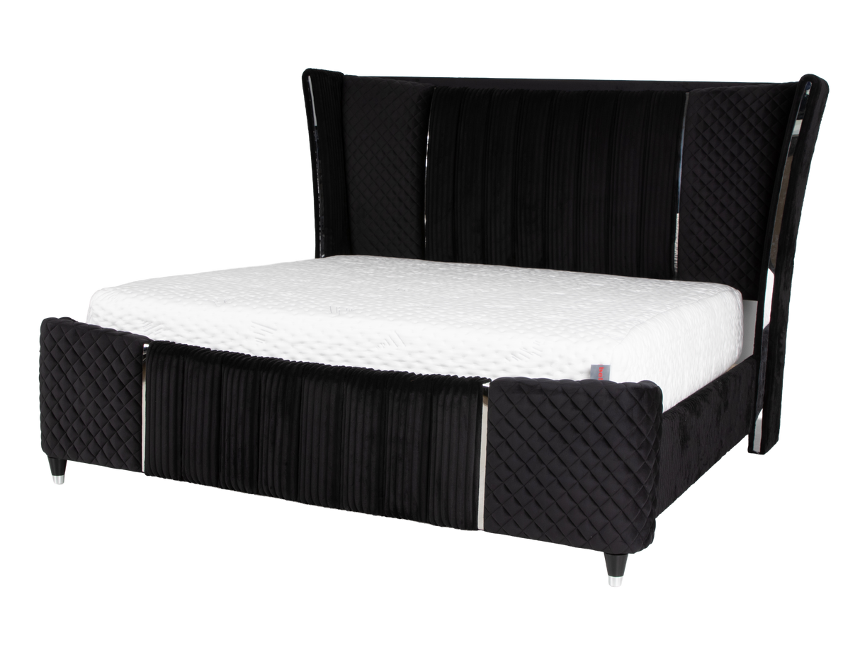 Velvet Black Glam 6-Piece Bedroom Set with LED Bed, Fireplace Dresser, Mirror & Nightstand