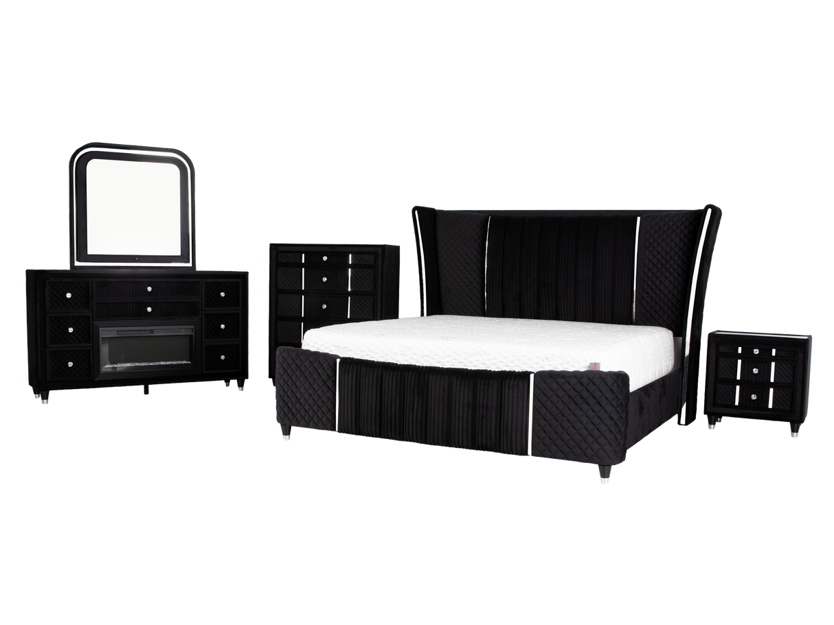 Velvet Black Glam 6-Piece Bedroom Set with LED Bed, Fireplace Dresser, Mirror & Nightstand