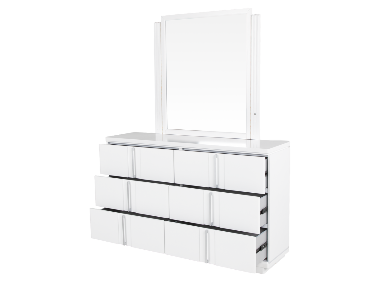 White 6-Piece Upholstered Bedroom Set with LED Bed, Dresser, Mirror & Nightstand
