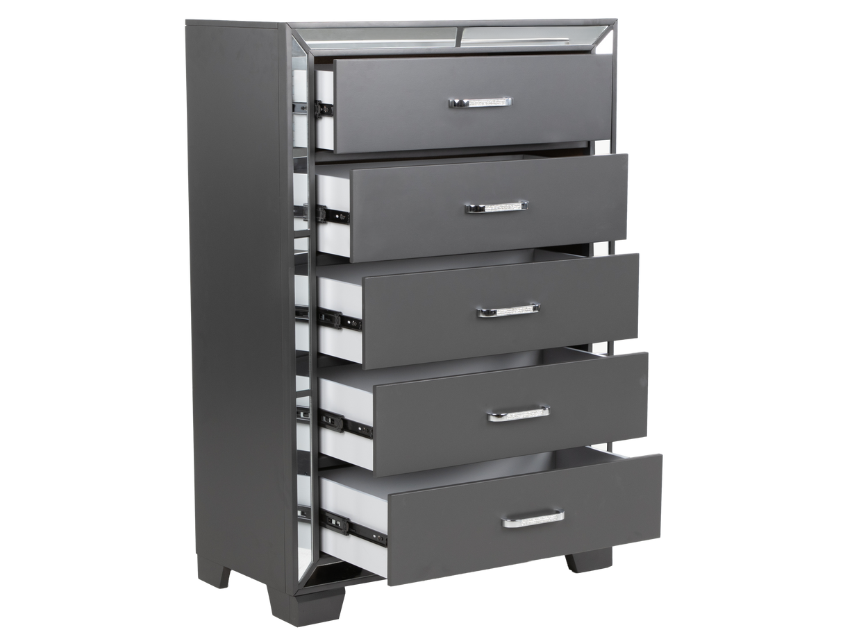 Modern Glam Graphite 5-Drawer Chest with Mirror Trim Accents