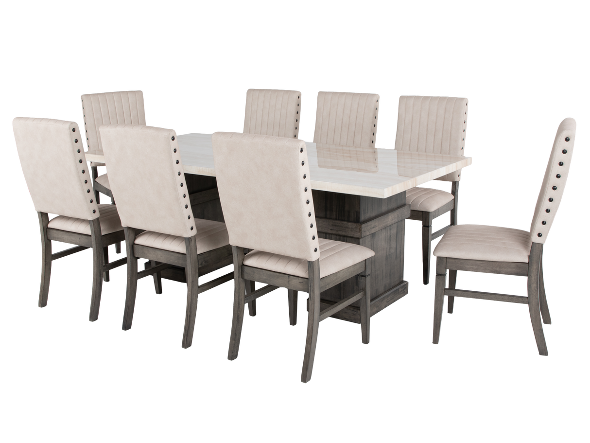 Transitional 9 Piece Dining Set with Upholstered Nailhead Chairs (Grey/Beige)