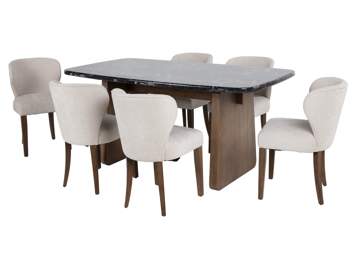 Contemporary Walnut Brown & Black Marble-Look 7-Piece Dining Room Set