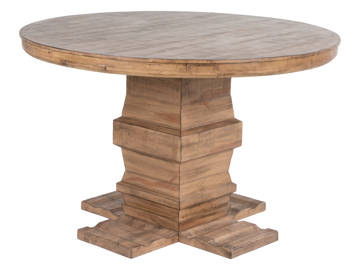 Traditional Rustic Natural Wood Round Dining Set with Beige Tufted Wingback Chairs, Nailhead Trim & Pedestal Table Design