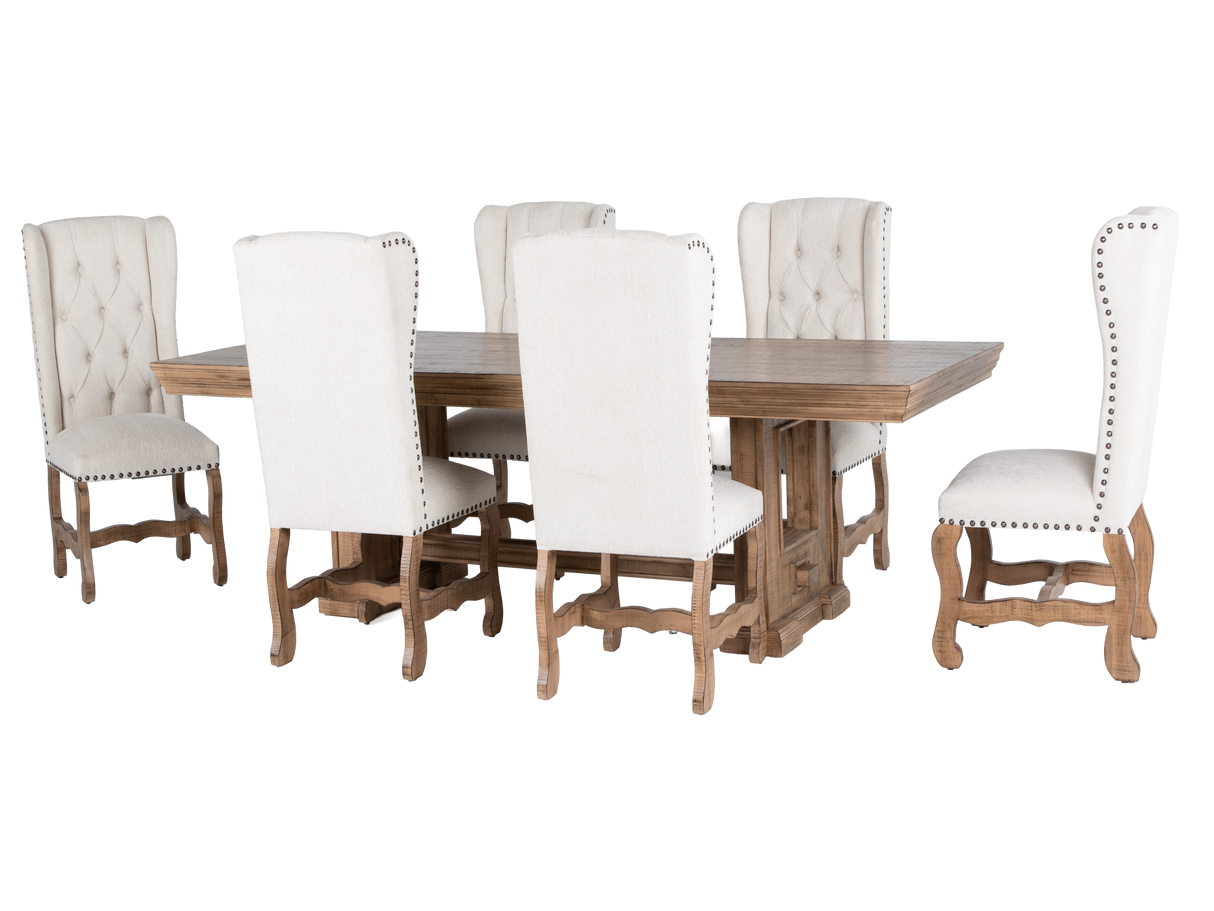 Dining table set with six white chairs on a white background