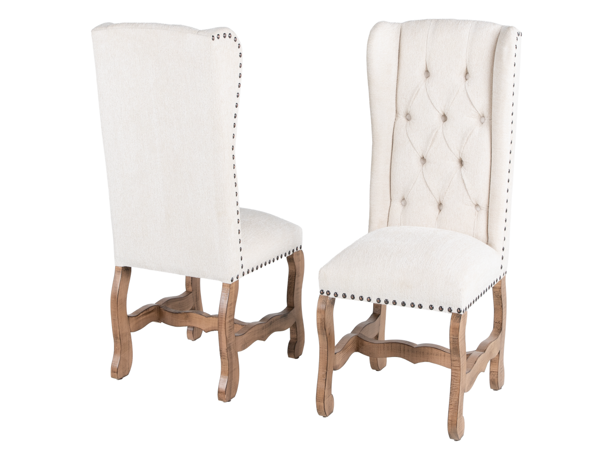 Traditional Rustic Natural Wood Round Dining Set with Beige Tufted Wingback Chairs, Nailhead Trim & Pedestal Table Design