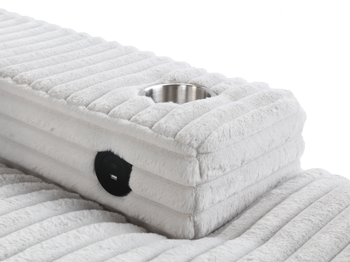 Modern Grey Velvet Chaise Lounge with Cup Holders and USB Charging Port by Sara Collections | Bel Furniture