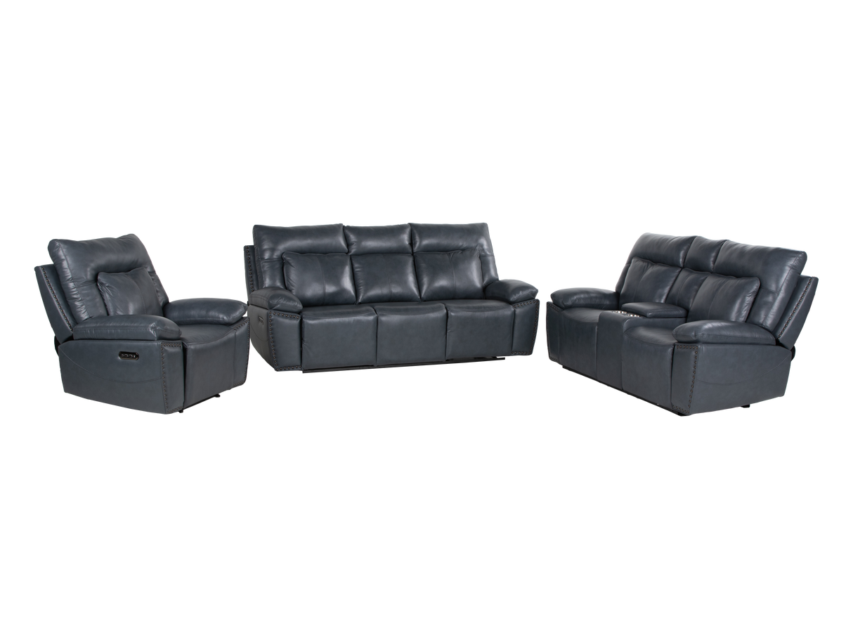 Modern 3-Piece Top Grain Leather Power Reclining Living Room Set with Console, Drop-Down Table, Cup Holders & USB (Slate)