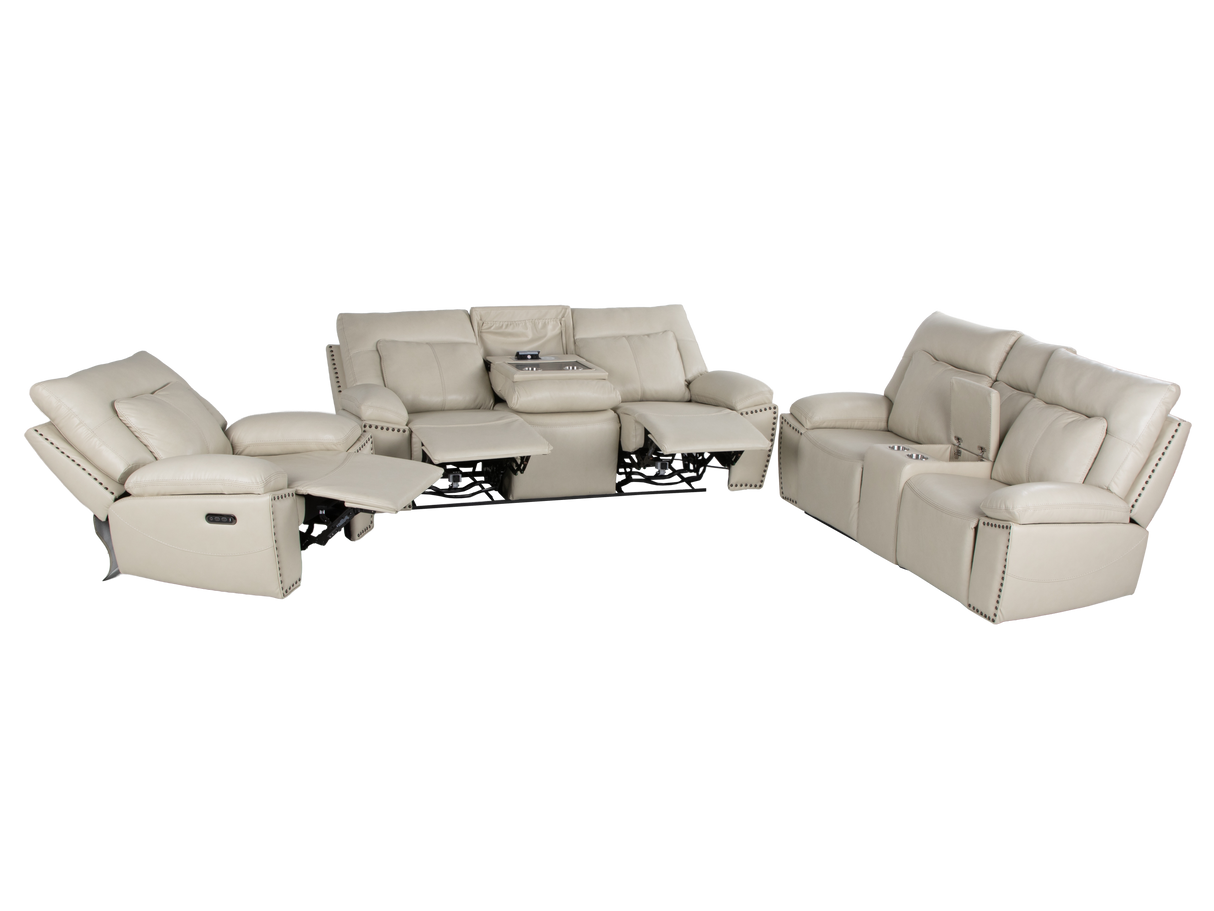 3-Piece Top Grain Leather Power Reclining Living Room Set with Console, Drop-Down Table, Cup Holders & USB (Cream)
