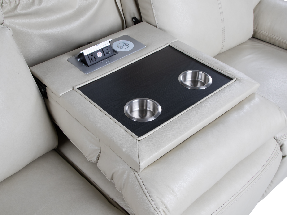 3-Piece Top Grain Leather Power Reclining Living Room Set with Console, Drop-Down Table, Cup Holders & USB (Cream)