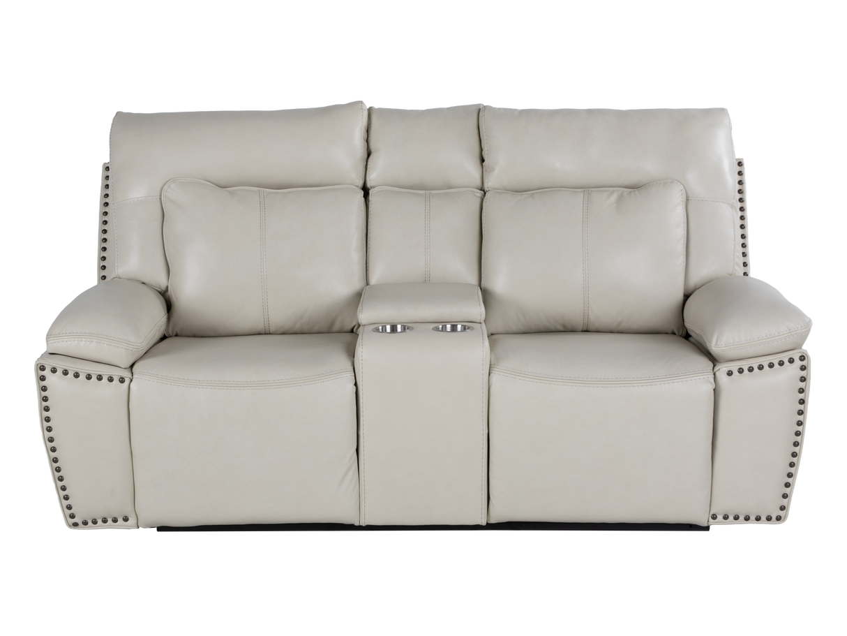 3-Piece Top Grain Leather Power Reclining Living Room Set with Console, Drop-Down Table, Cup Holders & USB (Cream)