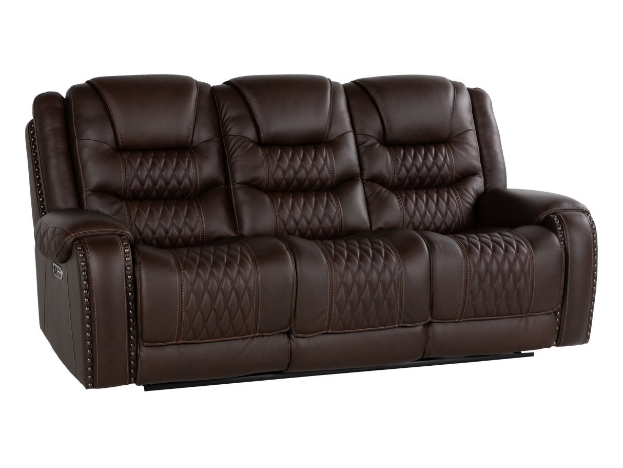 Umber Contemporary Top Grain Leather 3-Piece Dual Power Reclining Living Room Set with Console, USB & Wireless Charging