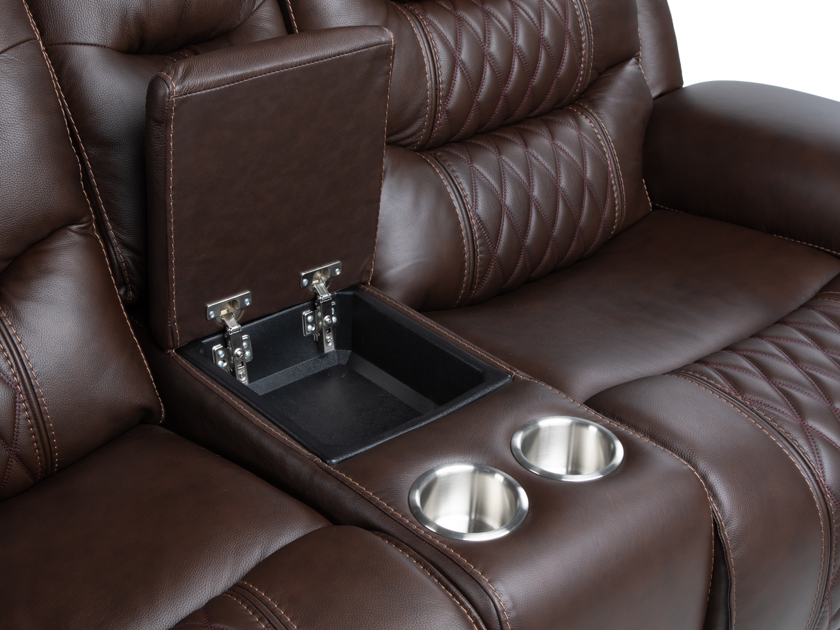 Umber Contemporary Top Grain Leather 3-Piece Dual Power Reclining Living Room Set with Console, USB & Wireless Charging