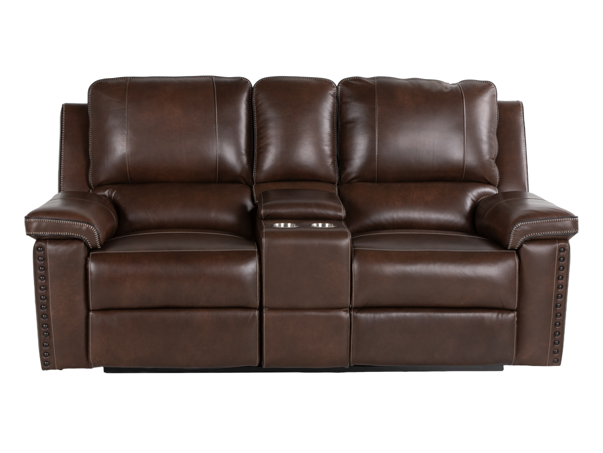 Chestnut Top Grain Leather Contemporary 3-Piece Dual Power Reclining Living Room Set with Console