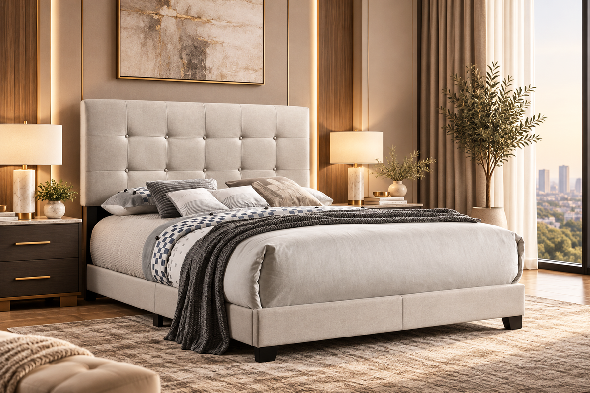 Khaki Tufted Upholstered Panel Bed