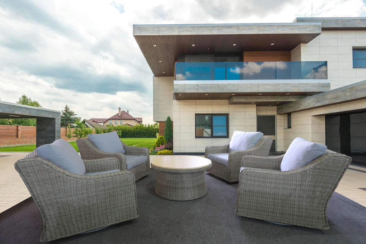 5-Piece Gray Wicker Outdoor Swivel Conversation Set with Round Coffee Table