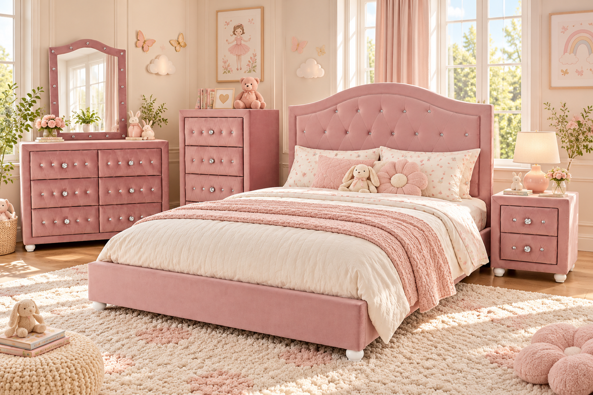 Glam Pink Velvet Bedroom Set with Tufted Headboard and Crystal Accents