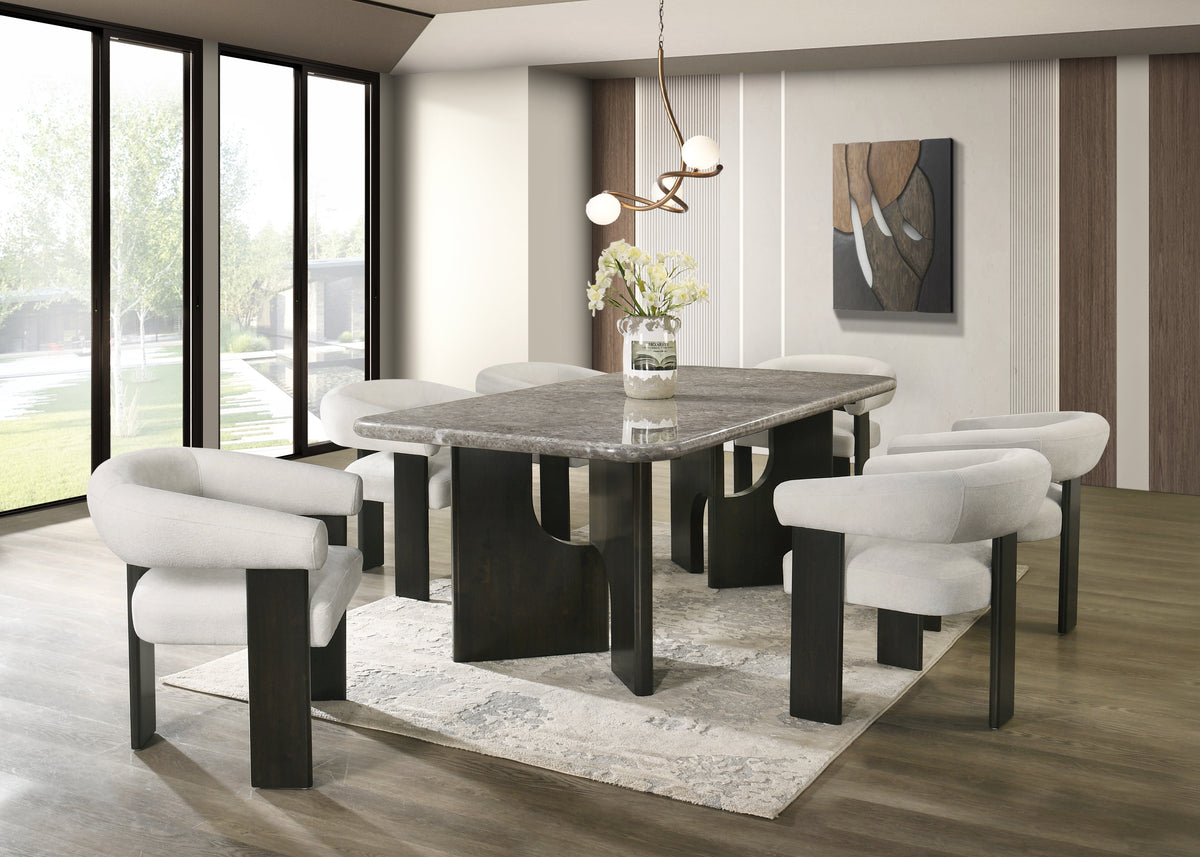 Alvaton Brown Greystone Marble 7-Piece Dining Set with Ivory Upholstered Armchairs