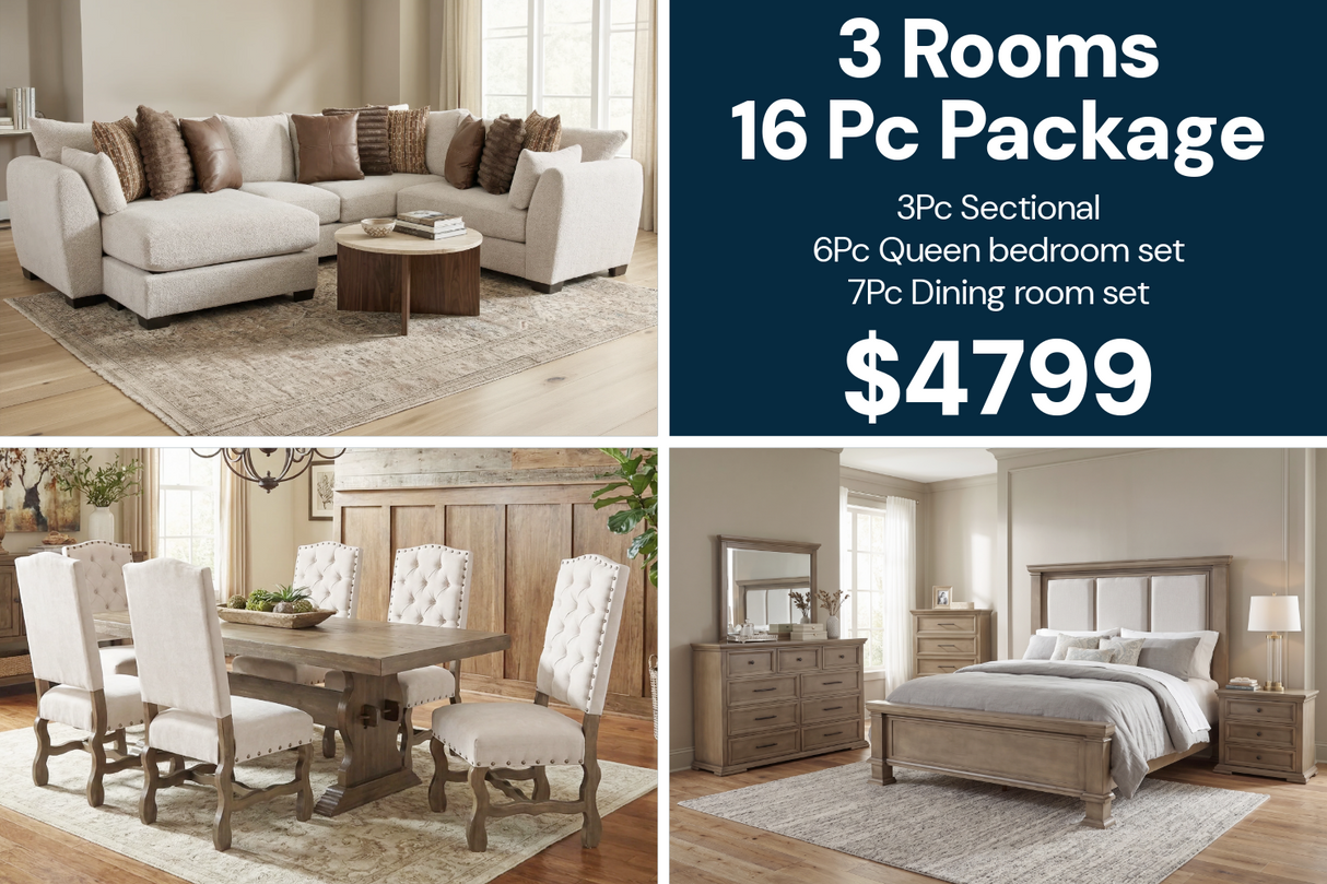 Beige Rustic 3 Room Furniture Package with Plush Sectional, Upholstered Queen Bedroom Set & 7 Piece Dining Set