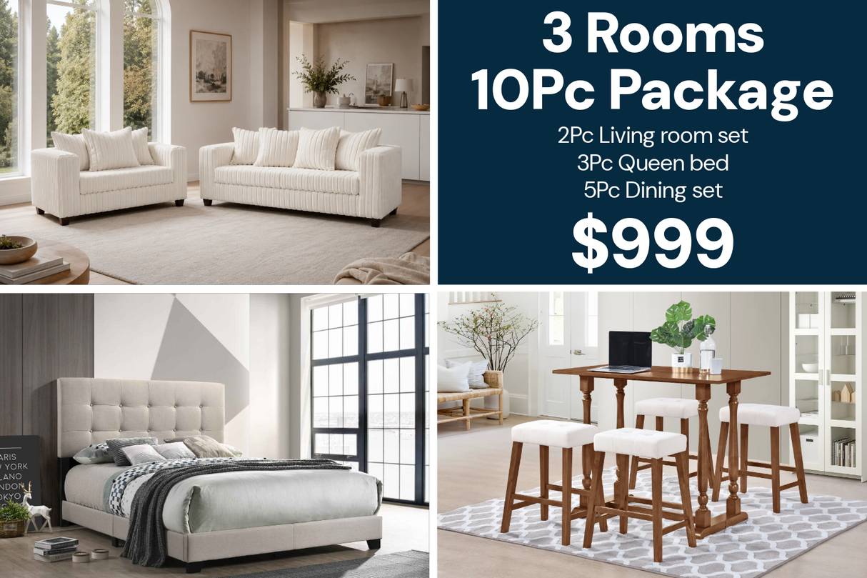 Modern Cream, Gray & Brown 10-Piece 3-Room Furniture Package