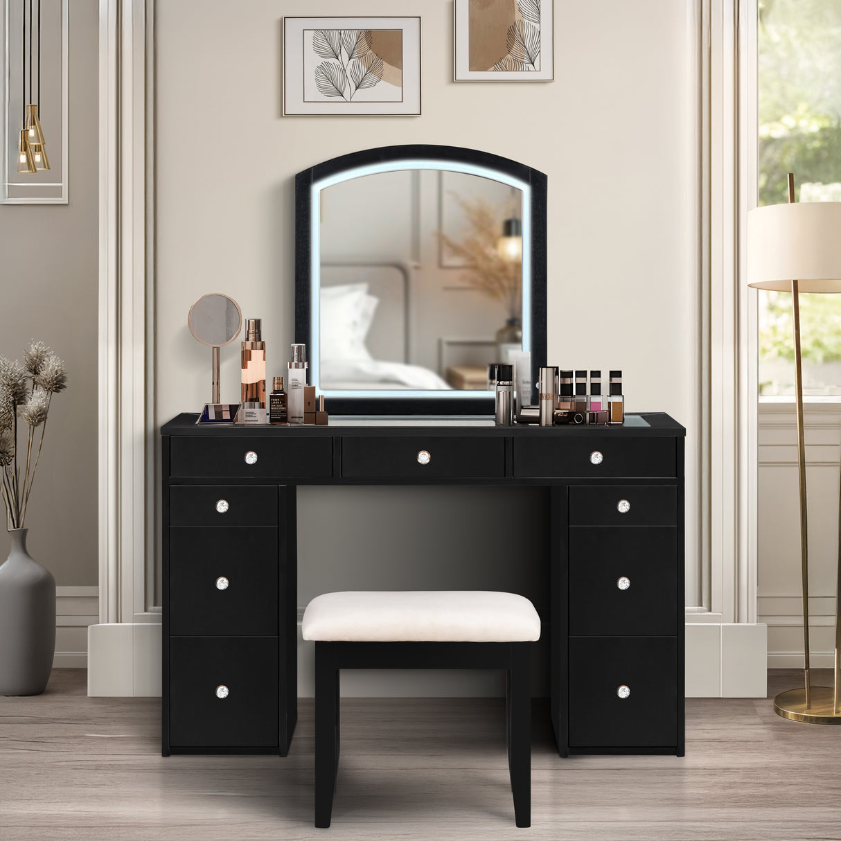 3 Piece Modern Vanity Set with Mirror and Stool by Mollai Collections | Bel Furniture