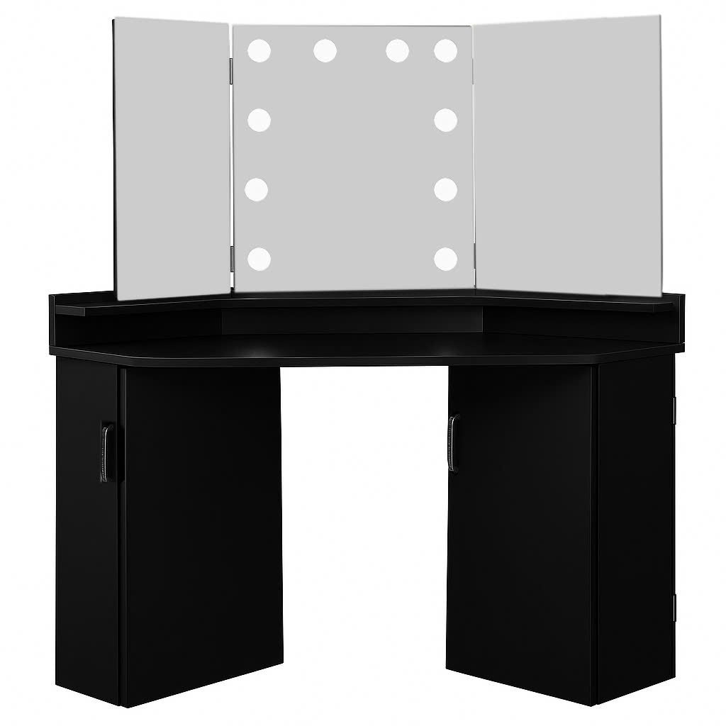 Stylish Black Corner Vanity Table with Tri-Fold Mirror by Mollai Collections | Bel Furniture