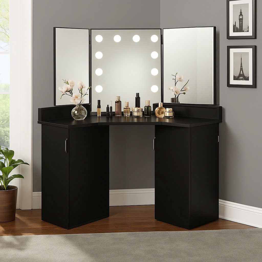 Stylish Black Corner Vanity Table with Tri-Fold Mirror by Mollai Collections | Bel Furniture