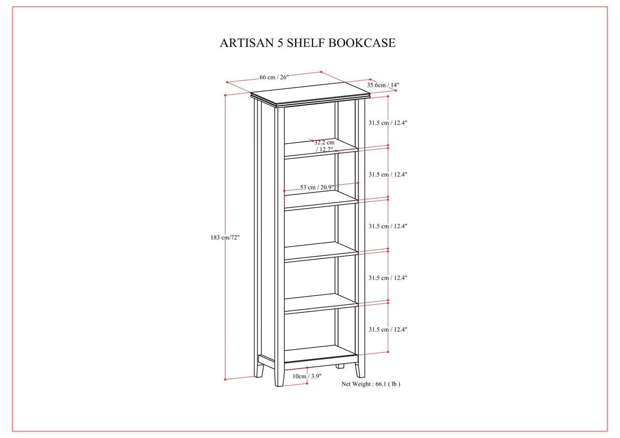 Artisan - 5 Shelf Bookcase, Handcrafted by Simpli-Home | Bel Furniture
