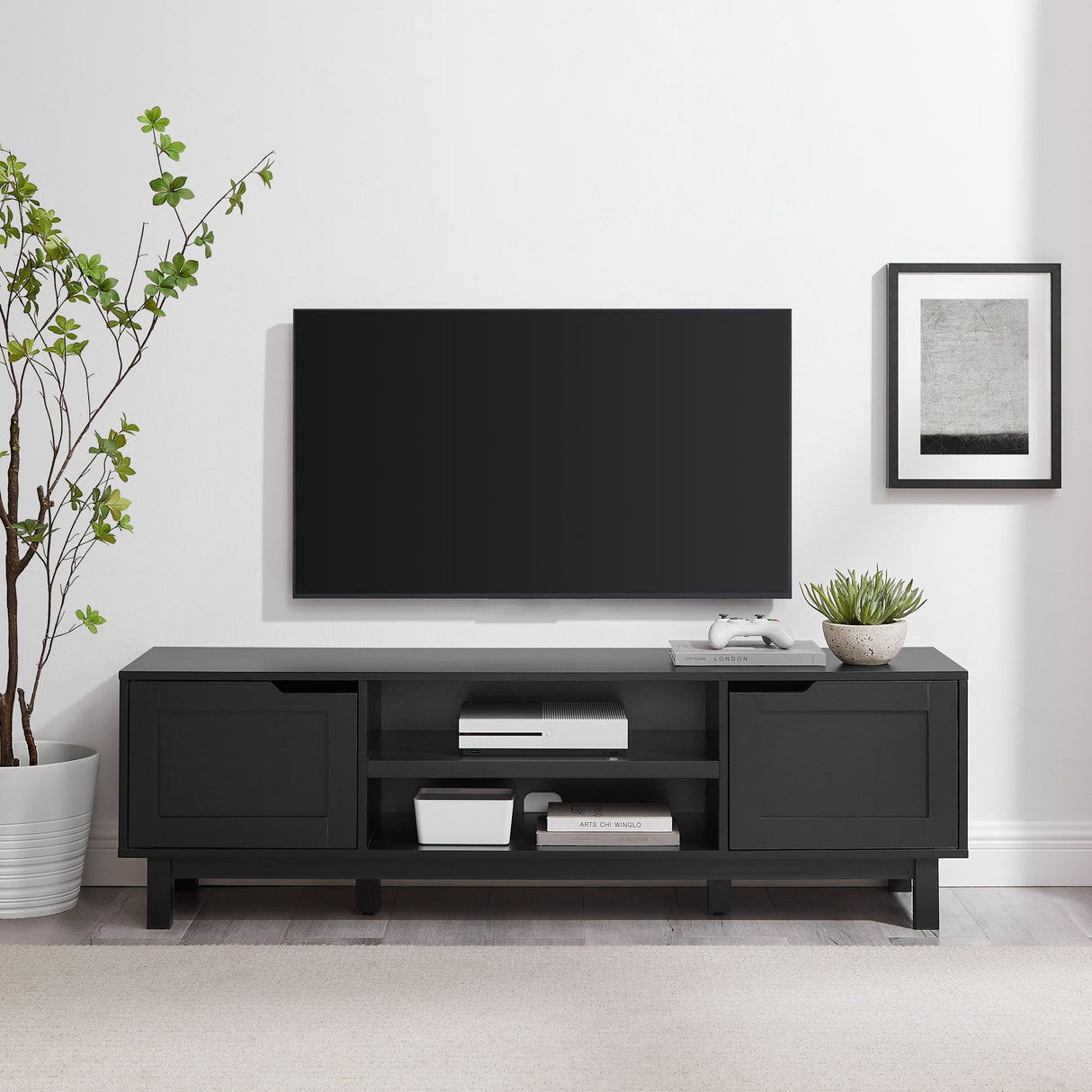 Modern 2 Door Open Storage TV Stand For TVs Up To 65" - Solid Black by Walker Edison | Bel Furniture