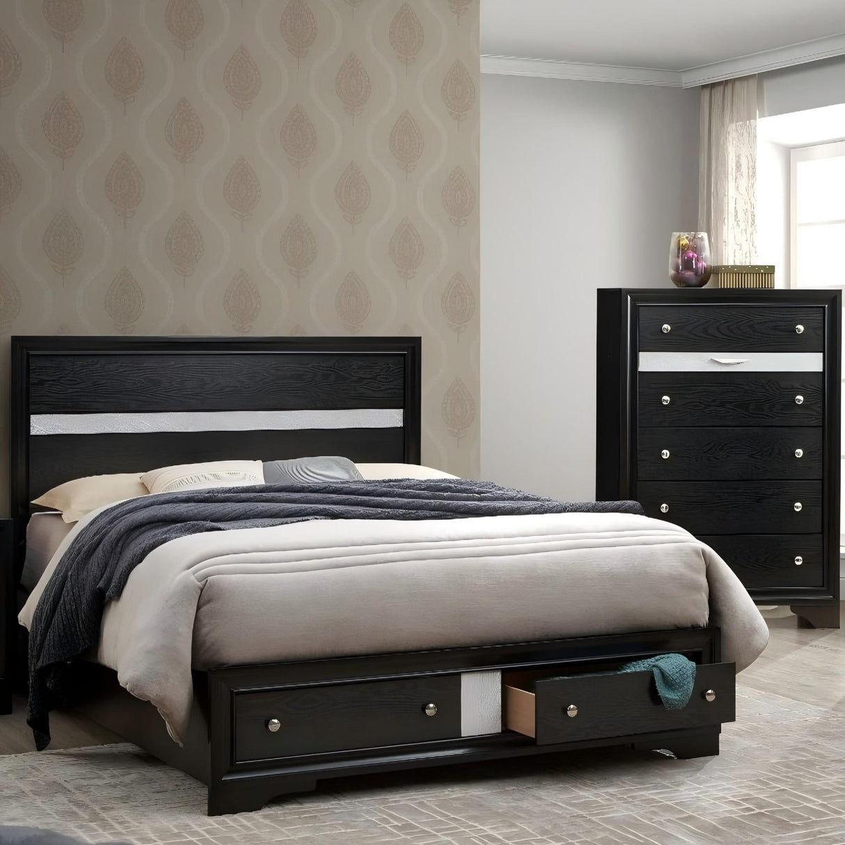 Madrid - Queen Bed With Storage Drawers And Nickel Handles - Black by Glory Furniture | Bel Furniture
