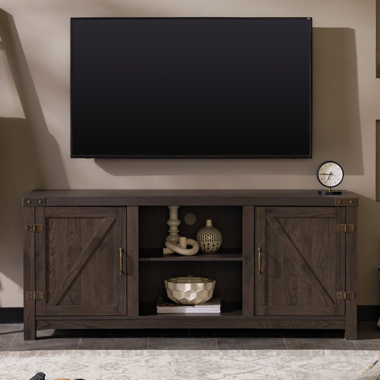 Modern Farmhouse Barn Door 3 Shelf TV Stand For TVs Up To 65” by Walker Edison | Bel Furniture