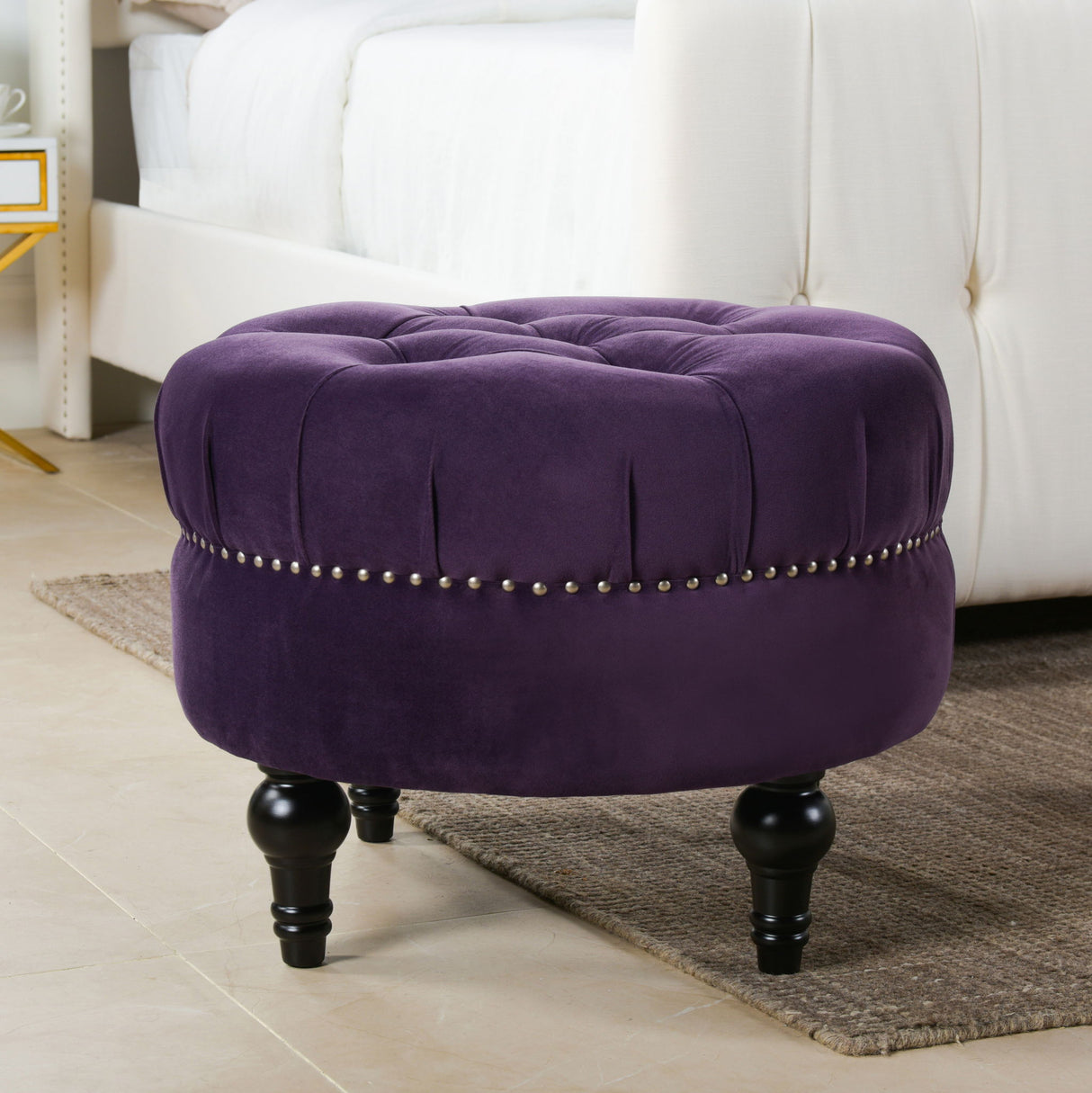 Dawn - Tufted Round Ottoman Nailhead Accents - Purple by Jennifer Taylor Home | Bel Furniture