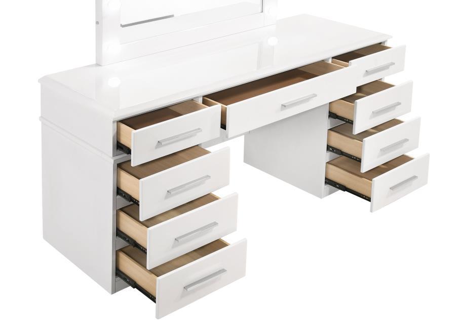 Felicity - 9-Drawer Vanity Table With Lighted Mirror - Glossy White by CoasterElevations | Bel Furniture