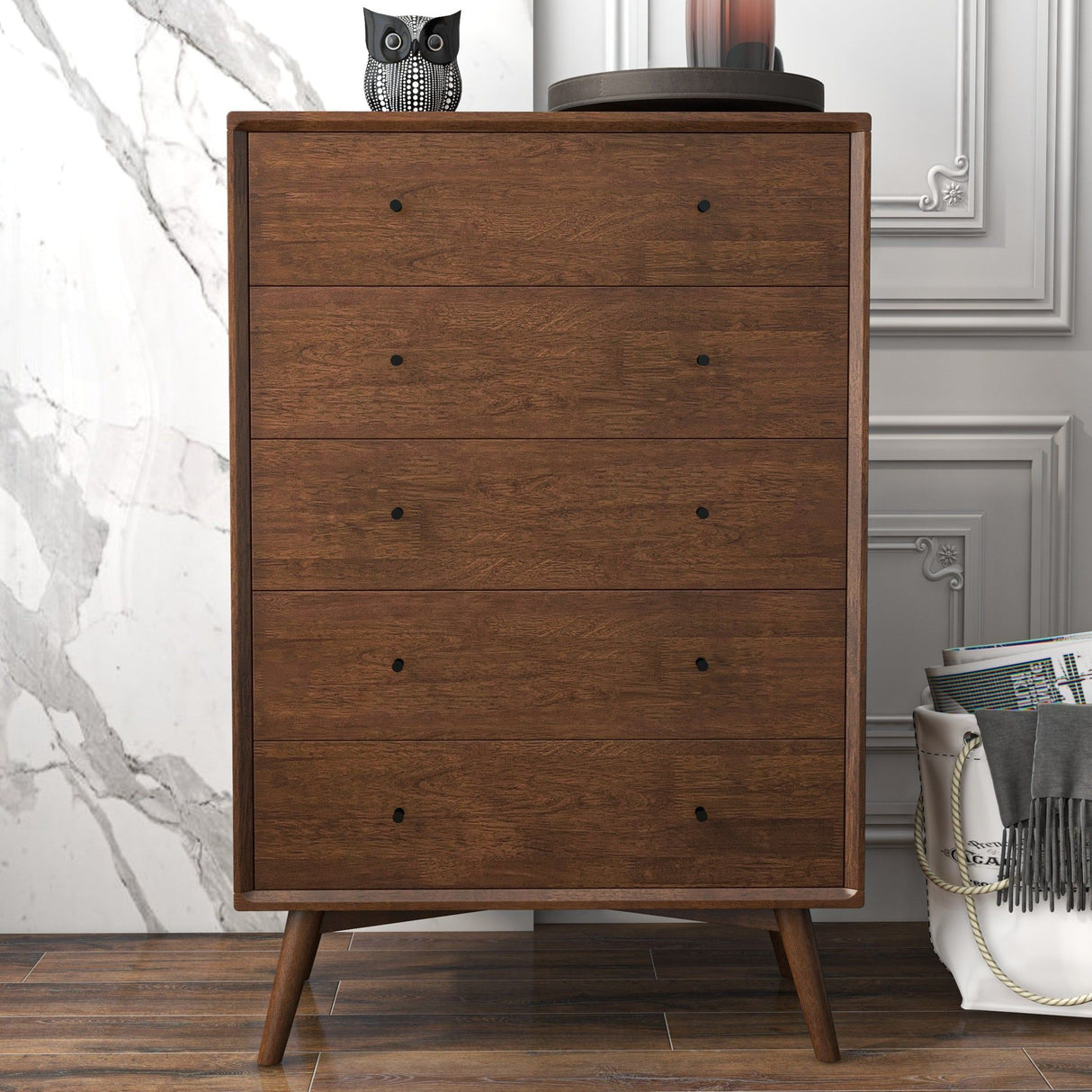 Caroline - Mid-Century Modern Dresser 5 Drawer - Dark Brown