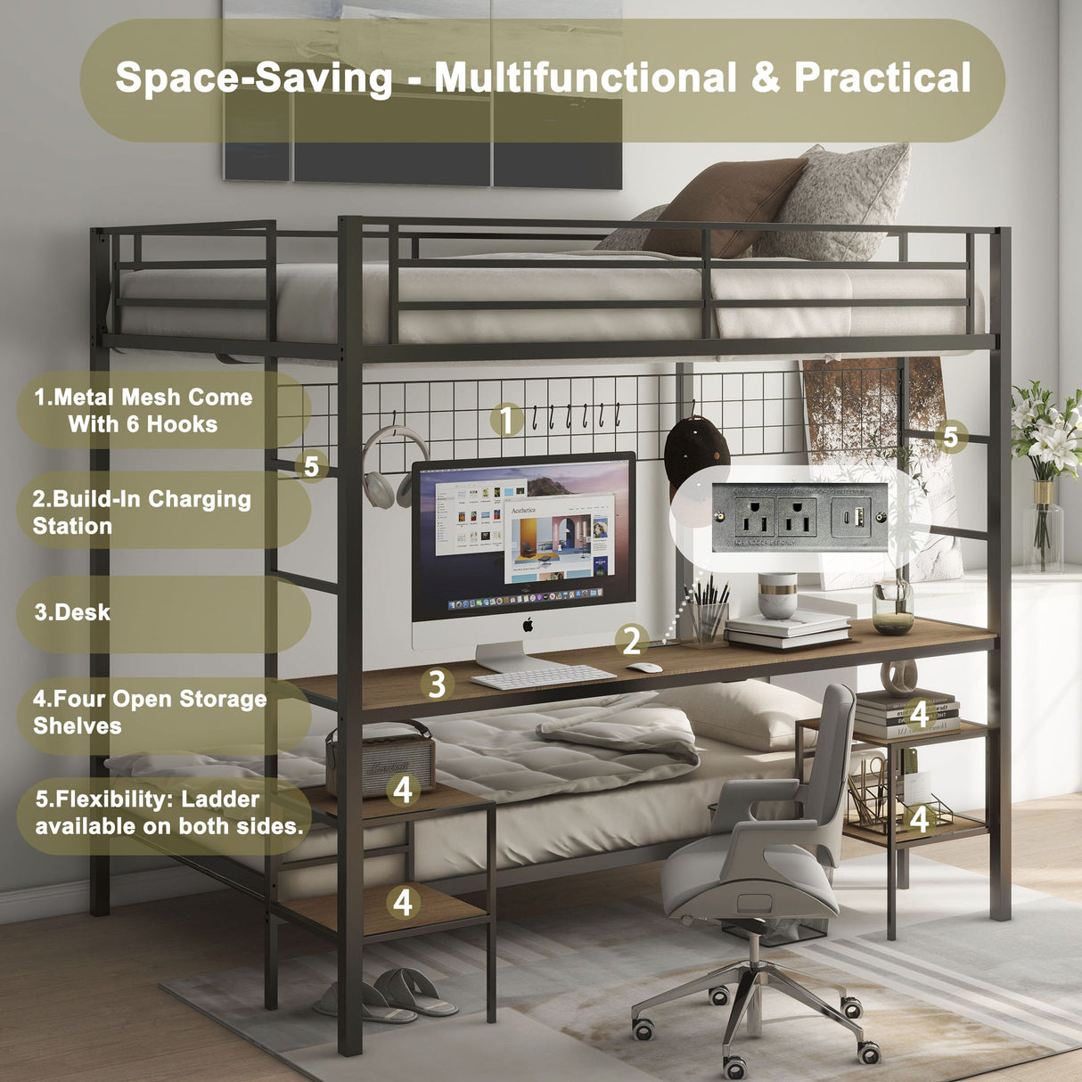 Ethan - Bunk Bed With Desk, Charging Station, Storage Shelves