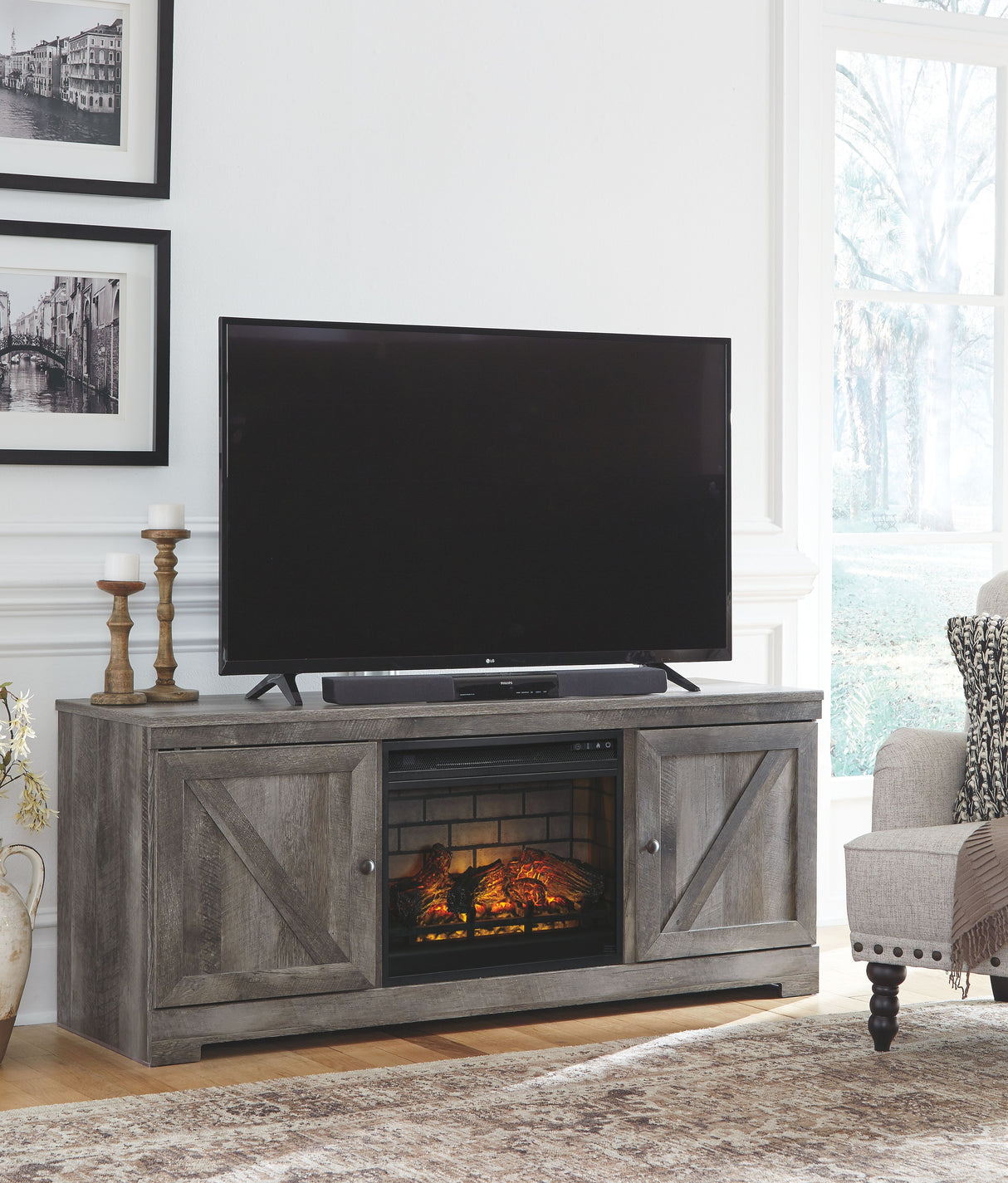 Wynnlow - Home Entertainment Set Gray 2 Pc. - 63" TV Stand with Faux Firebrick Fireplace Insert by Signature Design by Ashley® | Bel Furniture