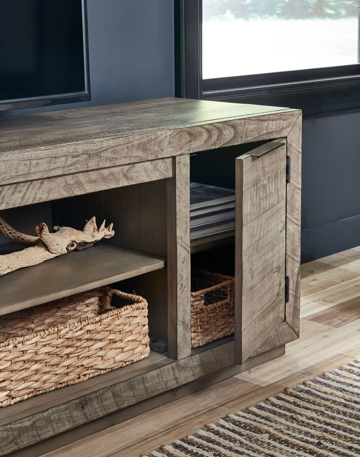 Krystanza - Weathered Gray - XL TV Stand w/Fireplace Option by Signature Design by Ashley® | Bel Furniture