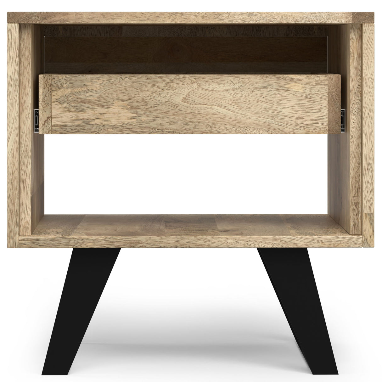 Lowry handcrafted end table with natural wood finish, open shelving, and black angled legs - Bel Furniture
